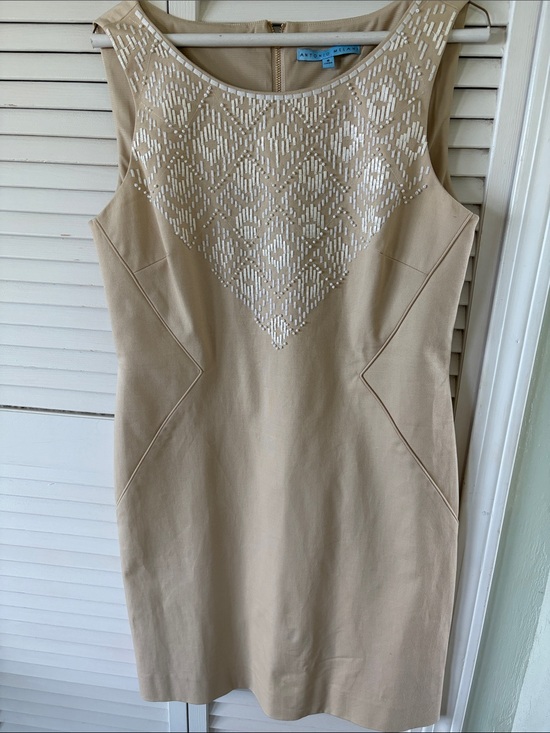 ANTONIO MELANI Dresses & Skirts - ANTONIO MELANI Beige Sleeveless Mini Dress with White Bead Detail Size 8